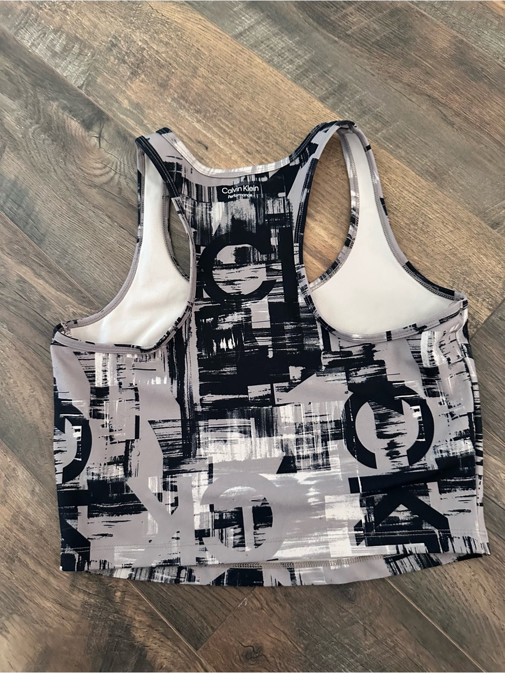 Calvin Klein Abstract Logo Racerback Sports Bra - Gray, Black - Picture 3 of 3